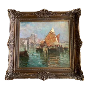 Early 20th Century "Saint Marks, Italy" Maritime Harbor Scene Oil Painting, Framed