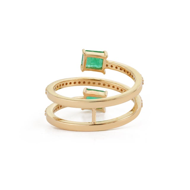 Mid 20th Style Spiral Wrap Emerald Diamond Multi Row Gold 14k Ring Size 4 For Sale - Image 9 of 17