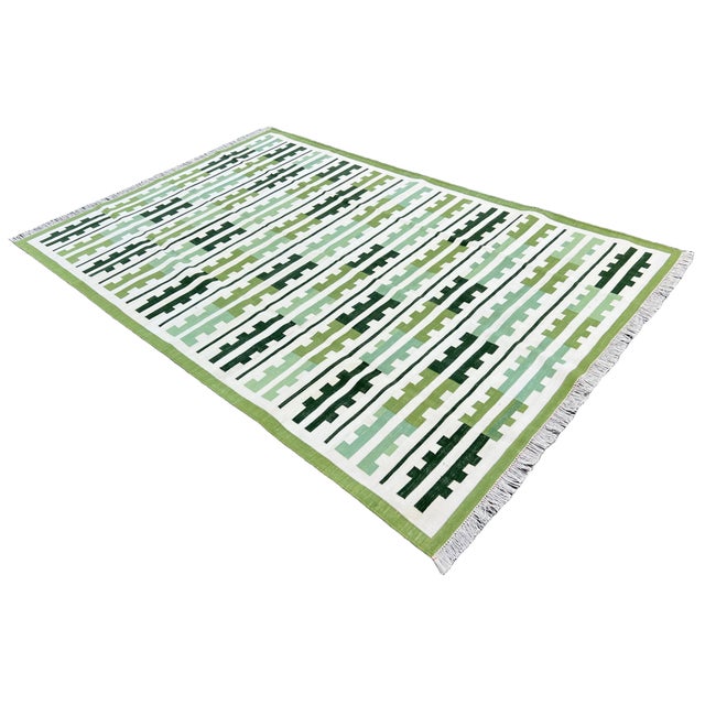 Handmade Cotton Rug, Natural Vegetable Dyed, Green and White Marianne Rug - 6'x9' For Sale - Image 11 of 13