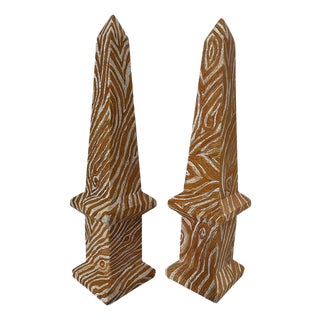 Hand Painted Chinese Faux Bois Style Obelisks a Pair For Sale