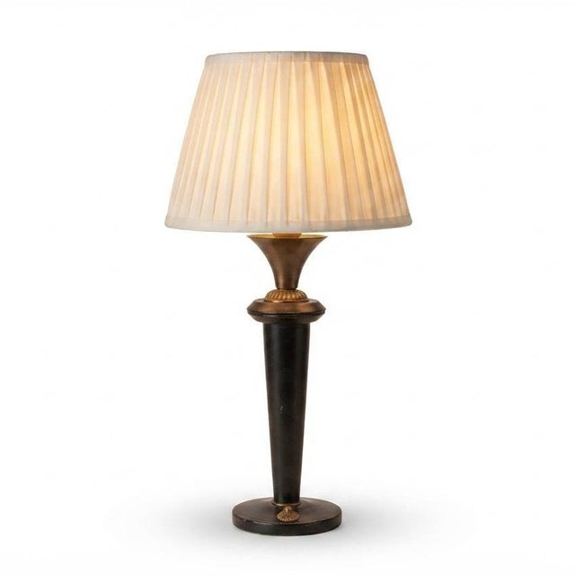 Navy Blue Leather and Brass Table Lamp with Pleated Shade, 1950s For Sale - Image 18 of 18