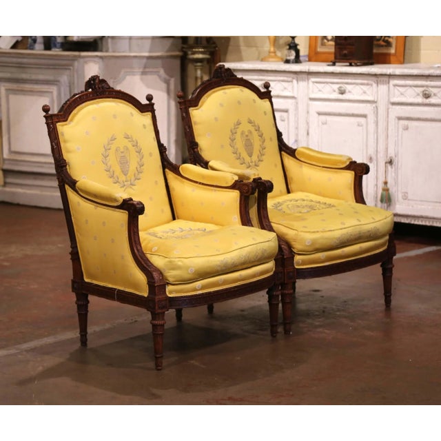 19th Century French Louis XVI Walnut Bergères With Carved Eagle Crest For Sale - Image 10 of 12