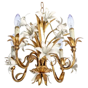 Hollywood Regency Gilt Metal Chandelier With White Lily Flowers