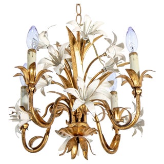 Italian Hollywood Regency Gilt Tole Lily Four-Light Chandelier, 1960s For Sale