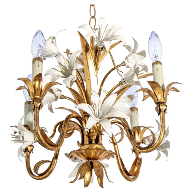 Italian Hollywood Regency Gilt Tole Lily Four-Light Chandelier, 1960s For Sale
