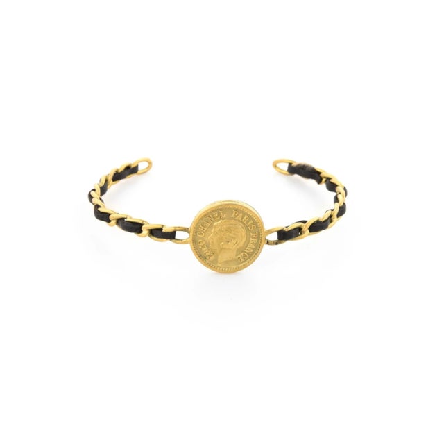 1990s Vintage Chanel Coco Coin Cuff c1995 Chain Link Leather