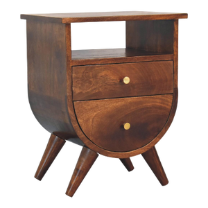 Curved Chestnut Mango Wood Nightstand With Drawers