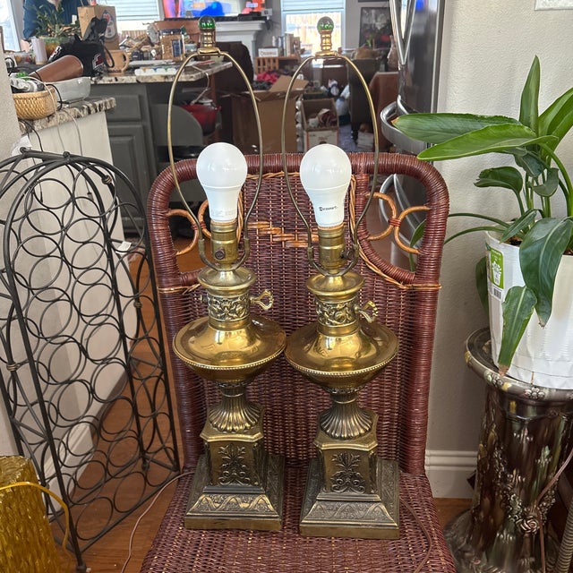 Art Nouveau Antique Heavy Brass Lamps in the Art Nouveau Style With Green Glass Finials Circa 1910-1920-a Pair For Sale - Image 3 of 5