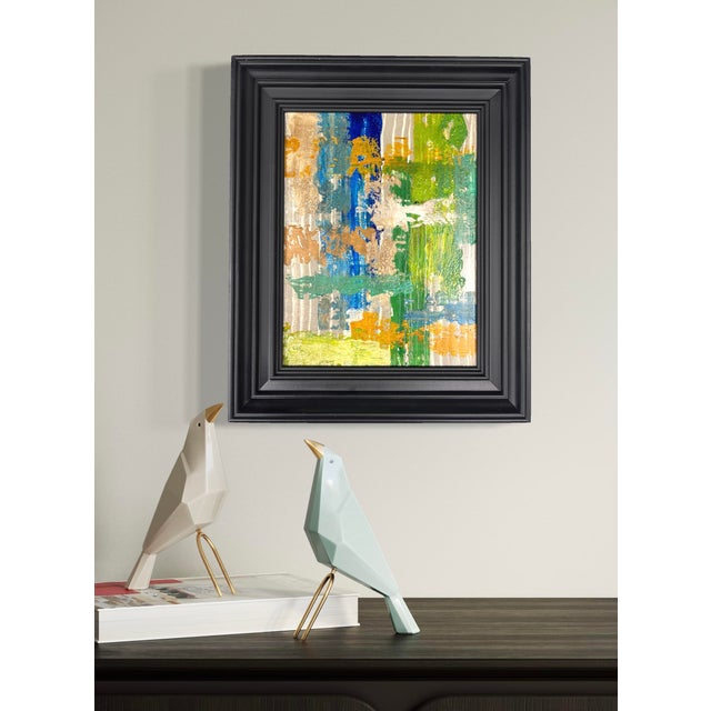 Original abstract painting by J. Kent Martin featuring layered cobalt blue, turquoise, green, and ochre with soft neutral...