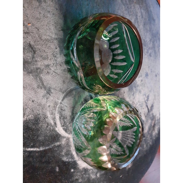 Glass 1980s Bohemia Czech Pair of Emerald Green Cut to Clear Votive Holders - a Pair For Sale - Image 7 of 8