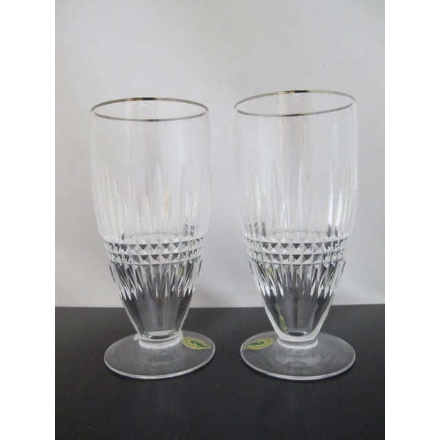 Hollywood Regency Waterford Crystal Lismore Diamond Platinum Iced Tea Glass Pair Unused in Box For Sale - Image 3 of 9