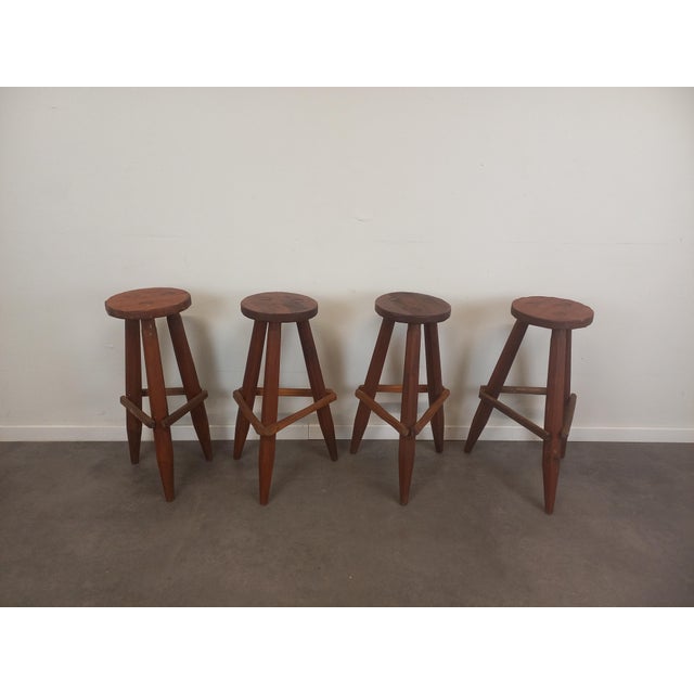 Brown Brutalist Wood Stools, 1950s, Set of 4 For Sale - Image 8 of 18