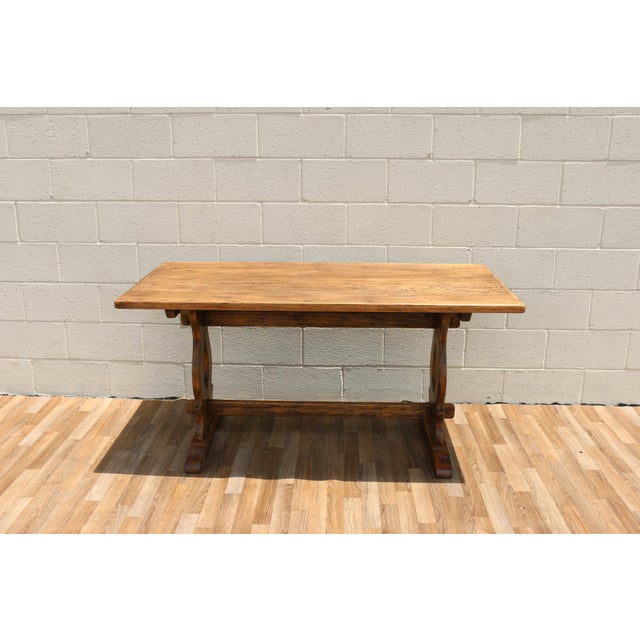 Antique American Oak & Cherry Trestle Dining Table, c.1930s | Rustic Farmhouse Kitchen Table With Solid Wood Construction For Sale In Los Angeles - Image 6 of 18