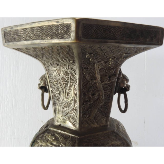 Pair of Bronze With Tinned Overlay Asian Vases For Sale - Image 4 of 11