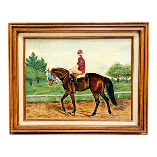 Vintage 1973 Signed Equestrian Oil Painting – "Thoroughbred Workout" by Bonnie Roseberry For Sale