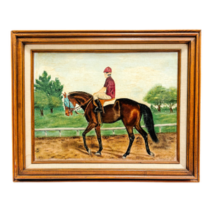 Vintage 1973 Signed Equestrian Oil Painting – "Thoroughbred Workout" by Bonnie Roseberry