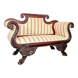1890s Antique American Empire Carved Mahogany Settee For Sale