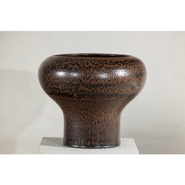 Large Artisan Ceramic Vase with Wide Mouth and Speckled Brown Glaze For Sale - Image 18 of 18