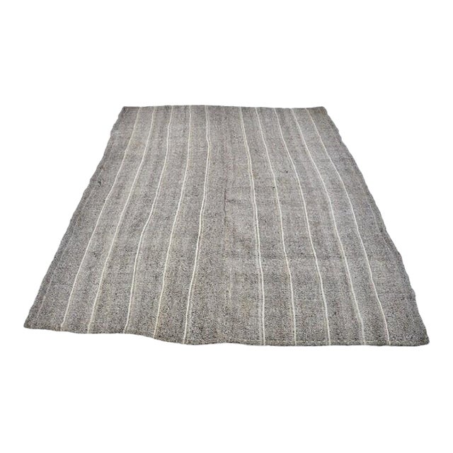 Vintage Minimalist Turkish Striped Kilim Rug in Oatmeal & Ivory Pinstripes For Sale