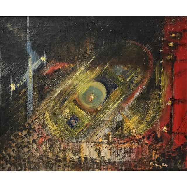 Signed MID CENTURY MODERN AMERICAN ABSTRACT OIL PAINTING Wormy Chestnut Frame Colorful and expressive modernist abstract...