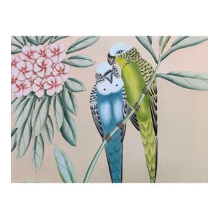 Hand-Painted Wallpaper Sample | Chinoiserie Parrots & Pink Flowers | Luxury Bird Wallcovering Panel For Sale