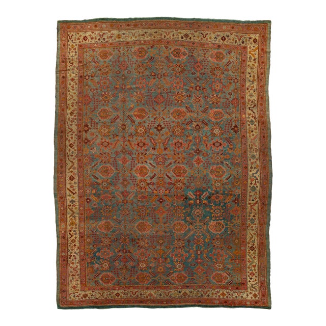 Antique Turkish Oushak Rug - Large Hand-Knotted With Muted Teal & Earth Tones For Sale