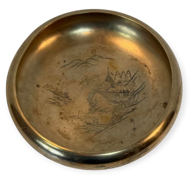 Metal Vintage Brass Asian Landscape Bowl Engraved Chinoiserie Decor 9.25” For Sale - Image 7 of 11