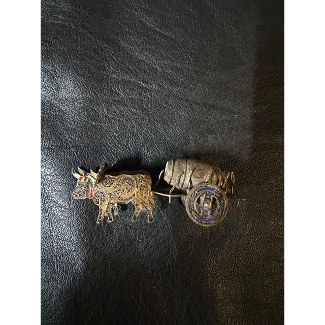 Antique Sterling & Enamel Fillagree Miniature, Tiny Ox Cart & Wood Barrow For Sale In New York - Image 6 of 9