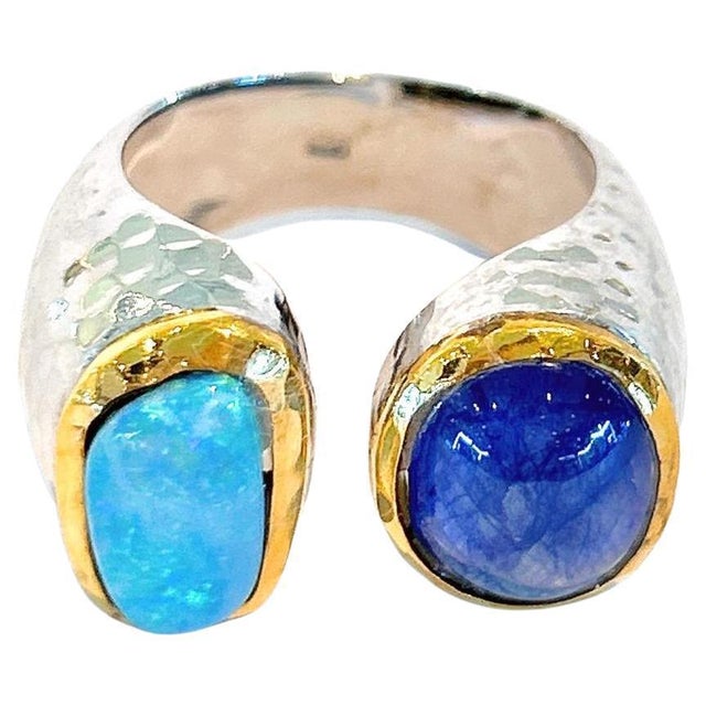 Bochic"Capri" Vintage Opal & Blue Sapphire Cocktail Ring 18k Gold & Silver For Sale - Image 10 of 18