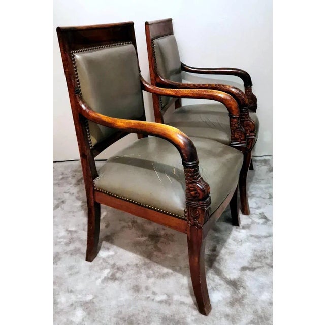 Antique French Charles X Style Master Chairs in Wood and Cuoio, 1830s, Set of 2 For Sale - Image 9 of 13