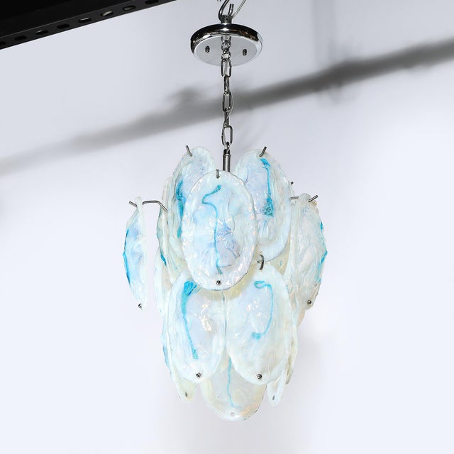 Mid-Century Hand-Blown Murano Opalescent & Cerulean Detail Glass Chandelier For Sale - Image 12 of 18