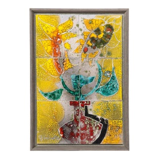Modernist Ceramic Tile Wall Plaque of Sunflowers Signed Gilbert Valentin For Sale
