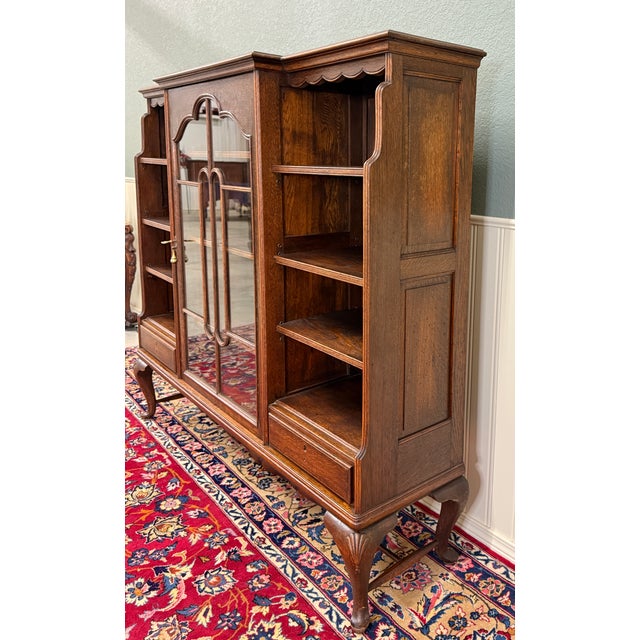 Wood Antique English Bookcase Bookshelf Cabinet Glass Oak Queen Anne Legs 1920s-30s For Sale - Image 7 of 18
