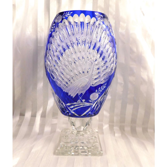 Blue 1940s Very Large Blue Cut to Cear Vase With Peacock Design For Sale - Image 8 of 11