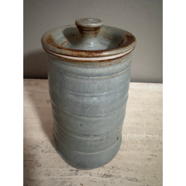 Vintage Studio Pottery Lidded Vessel Soft Blue Grey Glaze With Impressed Marks For Sale In West Palm - Image 6 of 8