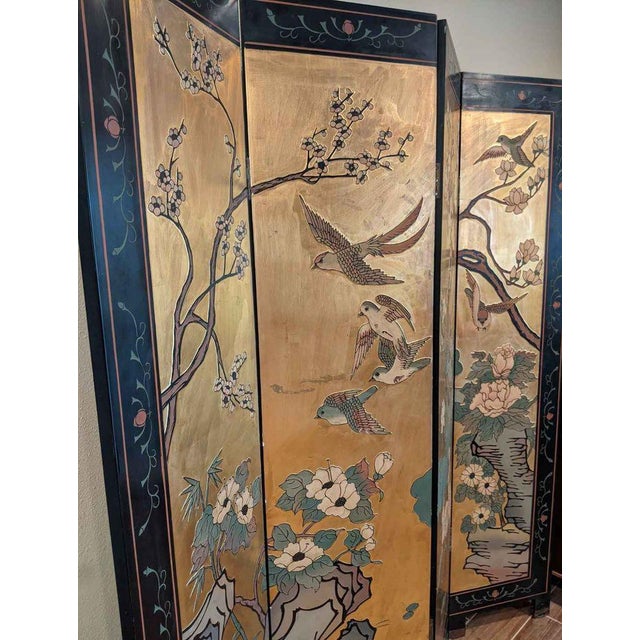 Vintage Coromandel Oriental Asian Four Panel Gold Screen Room Divider W