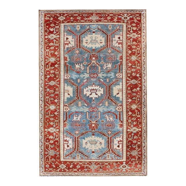 Red, Blue, and Ivory Antique Persian Malayer Rug With Blossom Design 4' X 6'9 For Sale