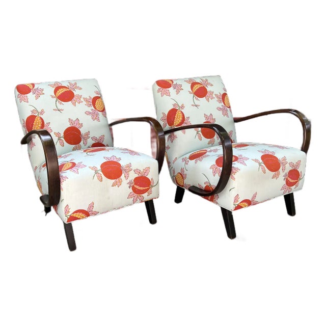 Pair of Bentwood Lounge Chairs in the Style of Halabala in Raoul Textile For Sale