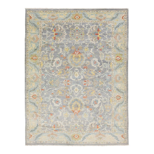 10 X 14 Hand-Knotted Modern Sultanabad Wool Area Rug – Muted Slate & Gold For Sale