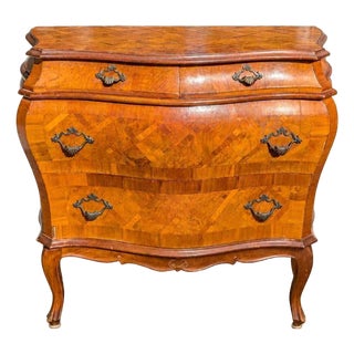 Vintage Goldsmith's of Harrisburg Pa Parquetry Bombe Commode | Louis XV Style Figured Wood 4-Drawer Chest For Sale