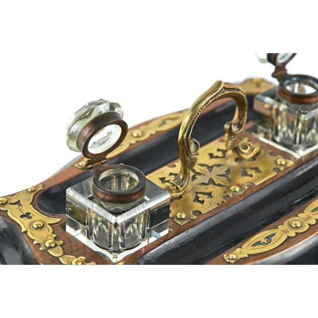 Mid 19th Century Antique Victorian Walnut & Ebonised Brass Mounted Inkstand, 1860 For Sale - Image 5 of 8