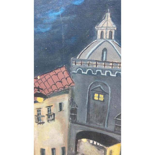 Mid 20th Century Vintage Folk Art European Night Street Scene Oil Paintings, Set of 2 For Sale - Image 5 of 18