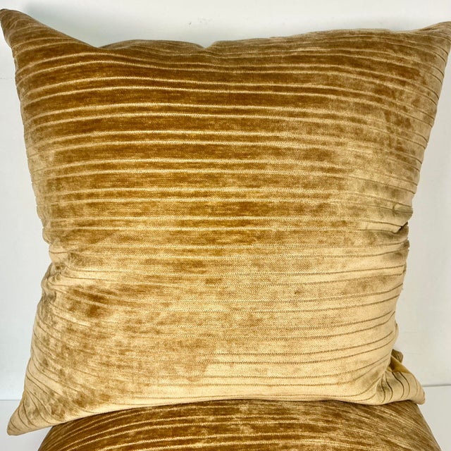 Vintage Boho Chic Contemporary Carmel Velour Striped Decorative Pillows - Set of 2. For Sale - Image 10 of 11