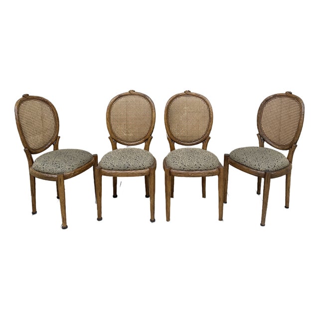 Set of 4 Vintage Faux Bois Dining Chairs With Cane Back For Sale