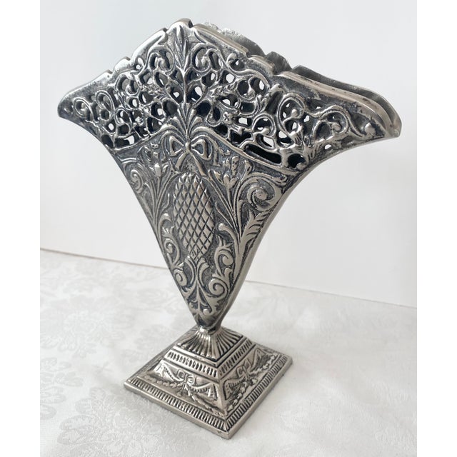 Vintage Ornate Fan Vase, Art Nouveau-Style Scrollwork, a Reticulated Top Edge, and a Central Pineapple Motif. For Sale - Image 10 of 15