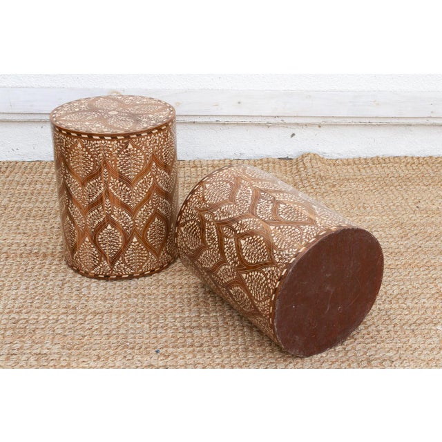 Wood Pair of Royal Artisan Inlay Drum End Table For Sale - Image 7 of 8