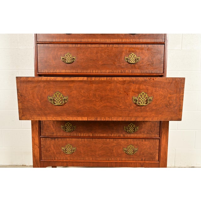 Brown Baker Furniture Georgian Carved Walnut and Burl Wood Seven-Drawer Highboy Dresser, Circa 1960s For Sale - Image 8 of 15