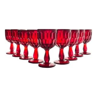 1980s Fenton “Thumbprint, Ruby Red” Wine Glasses - Set of 9 For Sale