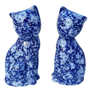 Staffordshire Style Blue and White Chintz Cat Figures- A Pair