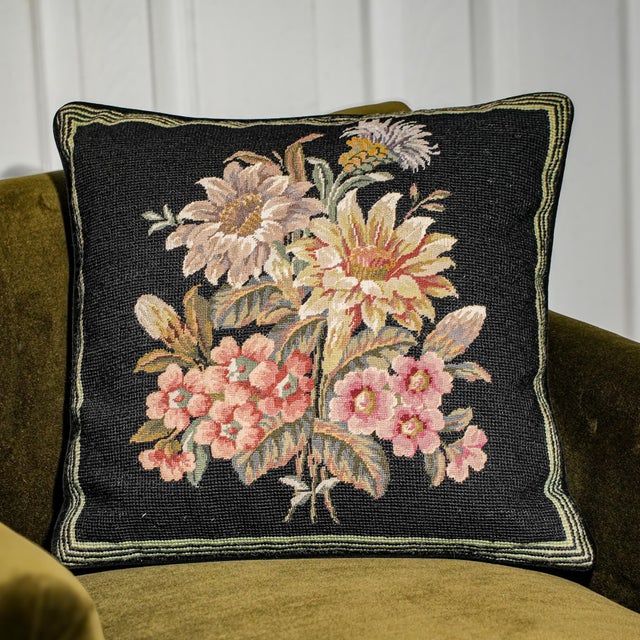 Add a touch of timeless charm to your space with this vintage needlepoint embroidery throw pillow. Featuring a vibrant,...